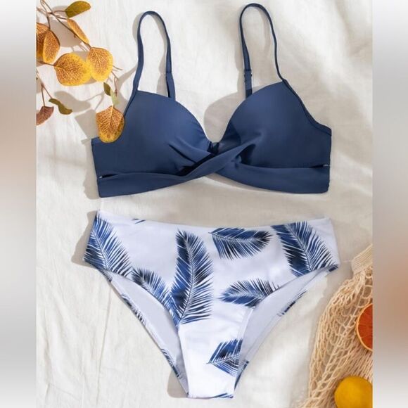 NWT Swim Leaf Print Push Up Bikini Swimsuit blue white‎ size small - Picture 2 of 7
